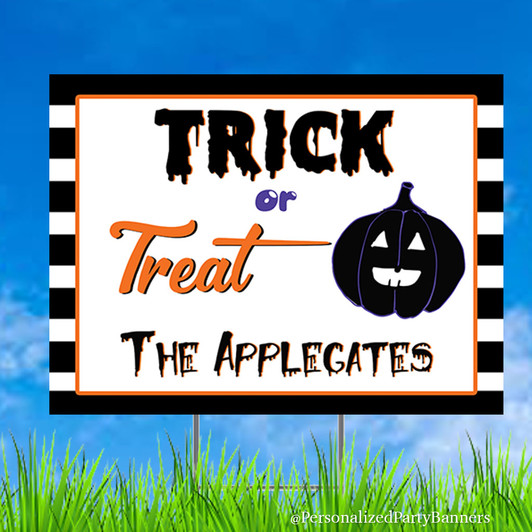 Personalized Happy Halloween yard sign decoration printed on sturdy, waterproof plastic. Comes with easy to install metal ground stakes. Simple assembly required.