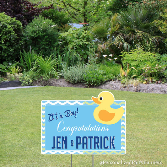 Welcome friends and family to your baby shower with our personalized yard sign. Printed in full color on sturdy plastic. Waterproof. Easy to install. Free shipping.
