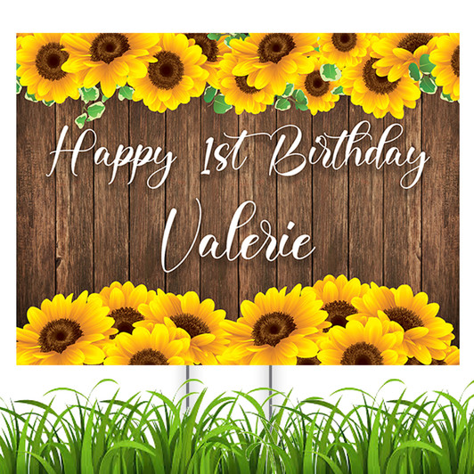 Welcome friends and family to your special event with our personalized sunflower happy birthday yard sign. Waterproof. Reusable. Free shipping.