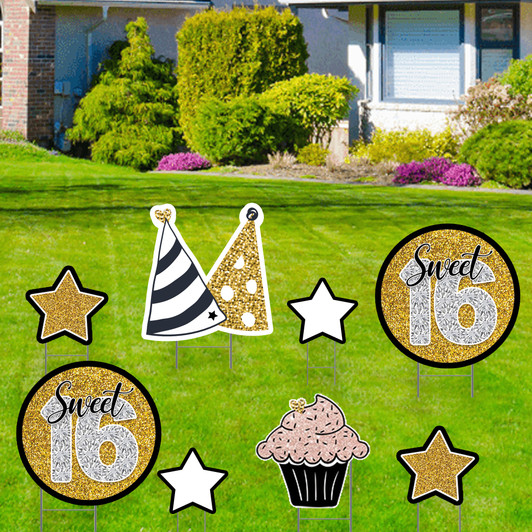 Surprise and impress your Sweet Sixteener with our 8-pc Black and Gold Sweet 16 Outdoor Yard Sign Kit. Easy to assemble. Waterproof. Reusable.