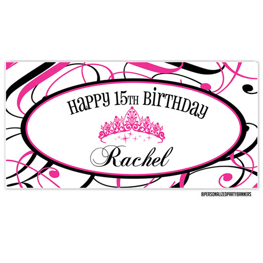 Simple and classy black and pink personalized birthday banner features a princess crown and is the perfect addition to your party! Perfect for your Mis Quince event. Easy to hang. Free shipping.