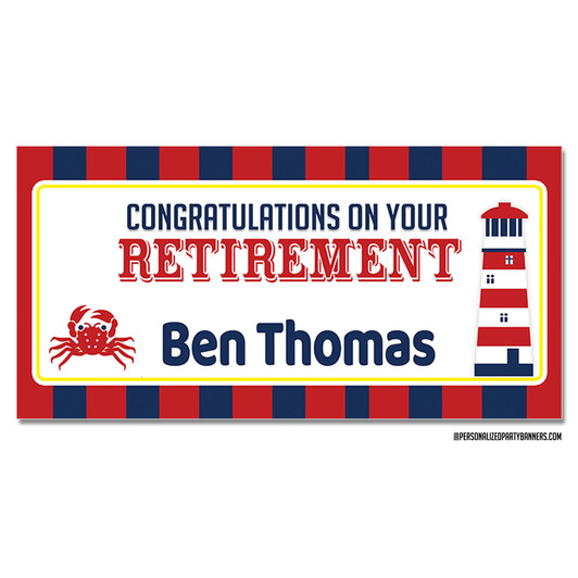 Add more colorful fun to your nautical theme retirement party with our personalized party banners. Features nautical shapes on a classic red and navy blue background. Printed in vibrant full color on sturdy vinyl. Easy to hang. Use indoors or outdoors.