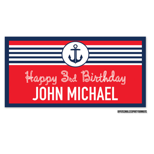 Add more colorful fun to your nautical theme party with our personalized party banners. Features nautical shapes on a classic red and navy blue background. Printed in vibrant full color on sturdy vinyl. Easy to hang. Use indoors or outdoors.