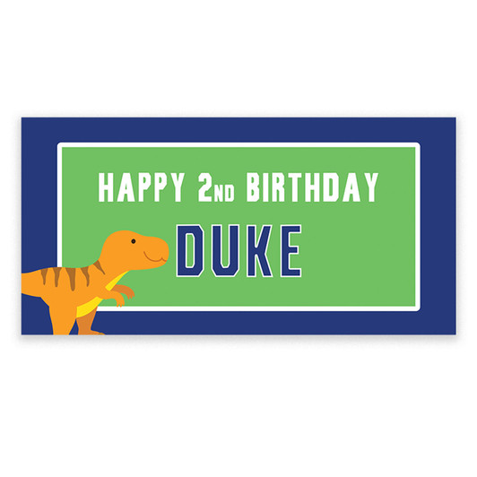 Look who's turning 2! Wish your dino lover a happy 2nd birthday with our personalized T-rex dinosaur birthday party banner. Add more color and fun to your party with our easy to hang, full color personalized party banner. Use indoors or outdoors.