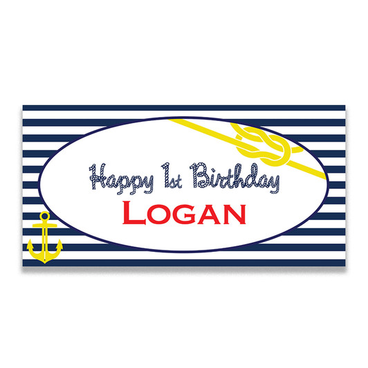 Add more colorful fun to your nautical theme party with our personalized party banners. Features nautical elements on classic stripes background. Printed in vibrant full color on sturdy vinyl. Easy to hang. Use indoors or outdoors.