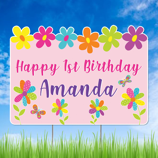 Wish your Little One an awesome, happy 1st birthday with our personalized floral theme yard sign. Waterproof. Reusable. Comes with easy to use metal ground stakes.