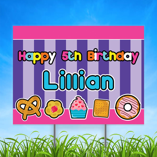 Wish your sweet tooth  an awesome, happy birthday with our personalized birthday yard sign. Waterproof. Reusable. Comes with easy to use metal ground stakes.