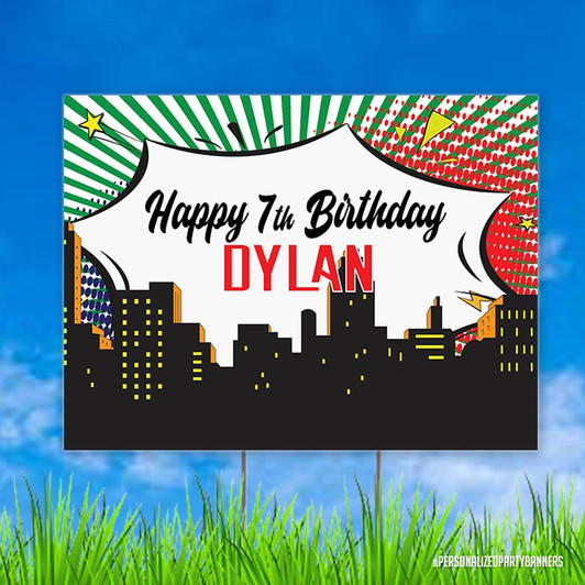 Wish your little superhero fan an awesome, happy birthday with our personalized birthday yard sign. Waterproof. Reusable. Comes with easy to use metal ground stakes.