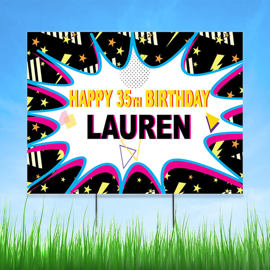 Ultra colorful rad 90s elements featured on this personalized yard sign makes it the perfect backdrop for your I love the 90s theme birthday party. Comes with easy to install metal ground stakes. Waterproof.
