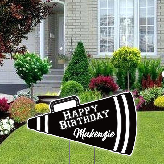 Wish your Cheerleader a very happy birthday with our personalized cheer megaphone yard sign! Comes with easy to use metal ground stakes for easy installation.