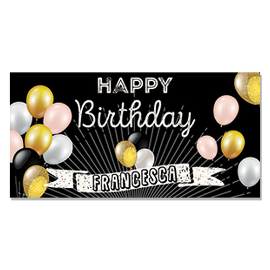 Black and gold elements make our chic birthday banner the perfect backdrop for your  next party! Comes with grommets for easy hanging.