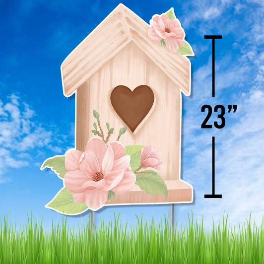 Pretty little birdhouse cutout yard sign printed on waterproof corrugated plastic measures 23" high. Includes free metal ground stakes. Free shipping.