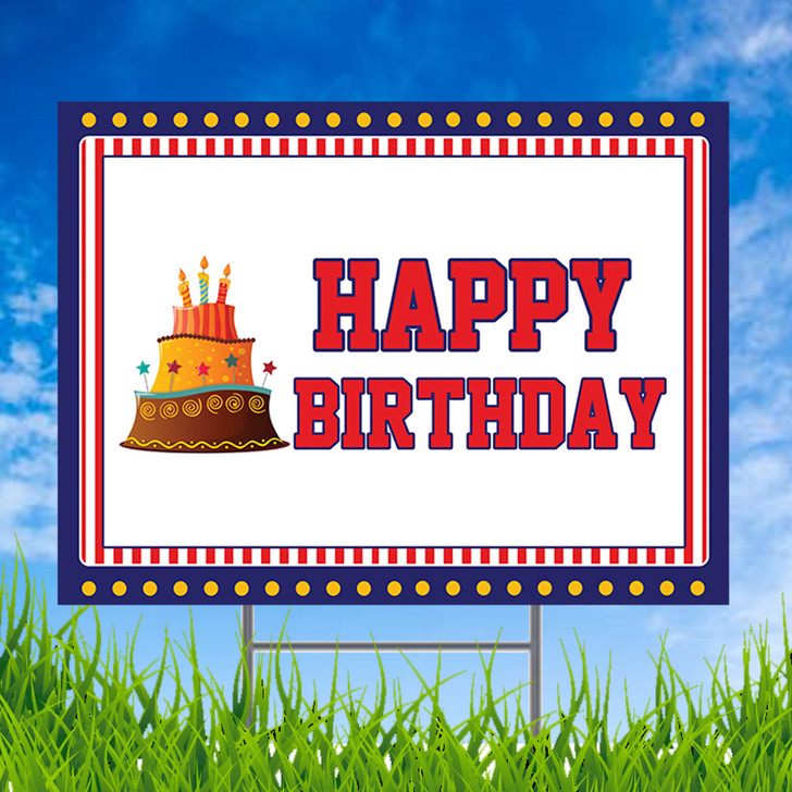 Carnival theme happy birthday yard sign. Ships fast and free. Comes with easy to install metal ground stakes.
