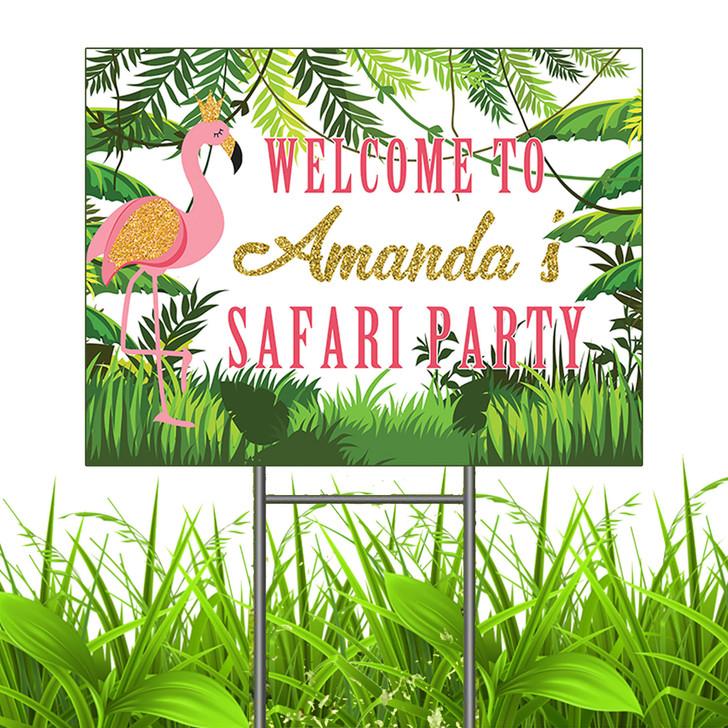Welcome your flock to your party with our personalized flamingo theme birthday yard sign. Adorned with a pink flamingo in her gold crown.