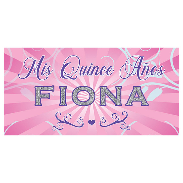 Our Quinceanera personalized banner printed in gorgeous full color with pink, purple and silver glitter accents. Perfect for your Mis Quince event.