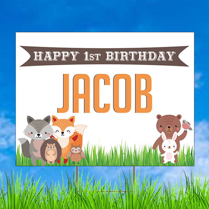Adorable woodland creatures are featured on our personalized woodland theme yard sign. This is the perfect addition to your little one's special day. Comes with free metal ground stakes.