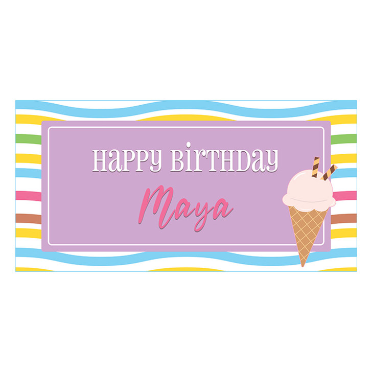 Colorful ice cream theme personalized party decoration for your special event. Features  a sweet ice cream cone on a pastel background.