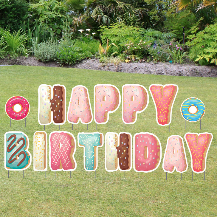 Dress up your yard and impress your guest of honor and party guests with our sweet glazed donuts happy birthday kit. Easy to assemble. Waterproof. Reusable.
