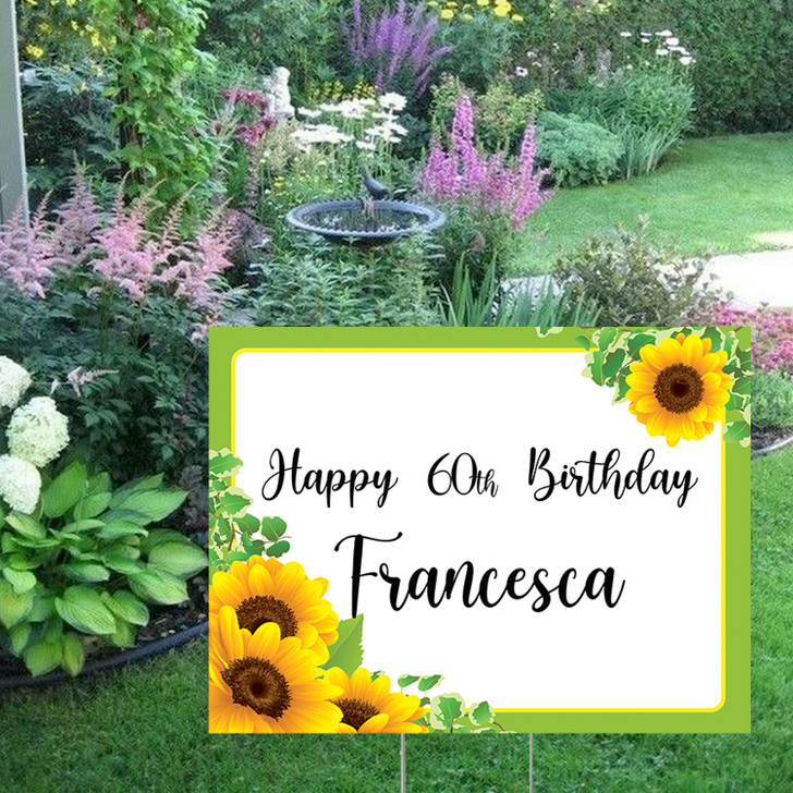 Welcome friends and family to your special event with our personalized sunflower 60th birthday yard sign. Waterproof. Reusable. Free shipping.