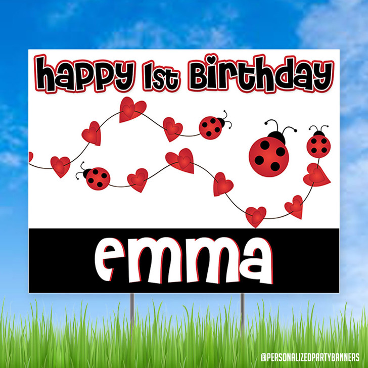 Wish your little love bug an awesome, happy birthday with our personalized ladybug yard sign. Waterproof. Reusable. Comes with easy to use metal ground stakes.