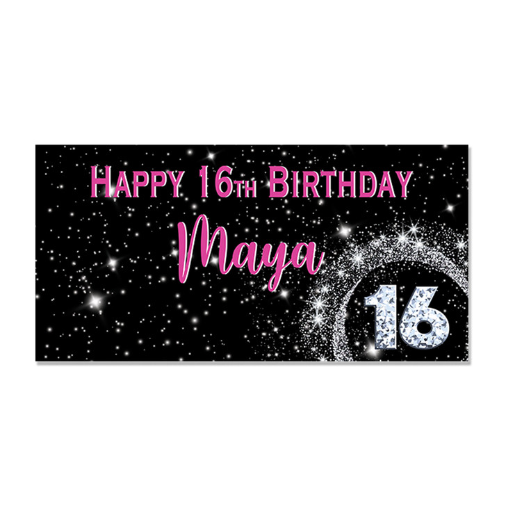 Use our pink glam glitter personalized 16th birthday banners to set the mood for your awesome sweet 16 event! Matching yard signs also available. Comes with grommets for easy hanging. Free shipping.