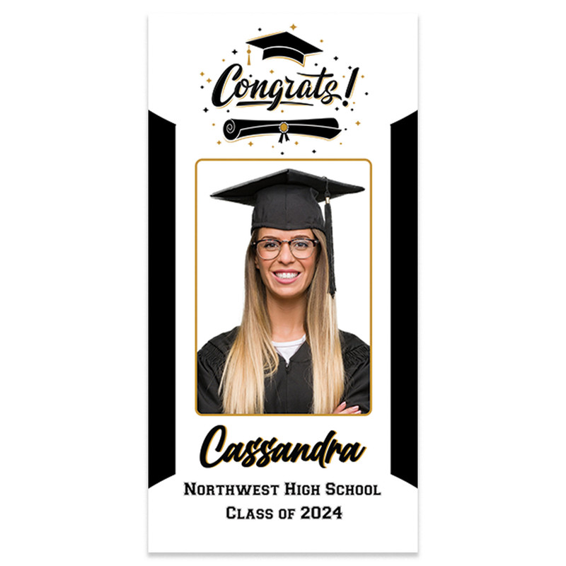Our personalized Class of 2024 graduation banners make a great addition to your graduation party as well as an awesome keepsake afterwards. Ask friends and family to sign the banner. We suggest using metallic permanent markers (not included). Easy to hang.