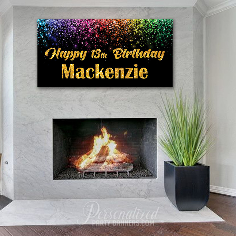 Personalized birthday banner featuring a festive rainbow glitter background to welcome friends and family to your special event. Use indoors or outdoors. Waterproof.