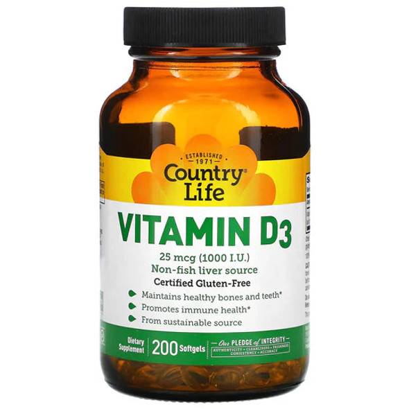 Country Life, Vitamin D3, 25 mcg (1,000 I.U.), 200 Softgels Country Life, Vitamin D3, 25 mcg (1,000 I.U.), 200 Softgels
