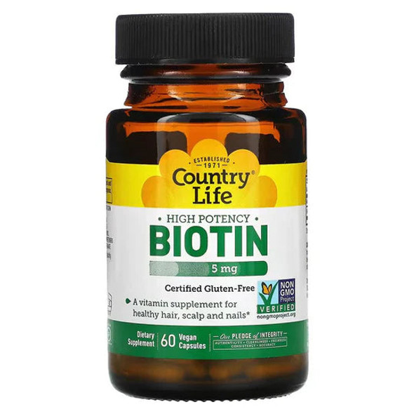 Country Life, High Potency Biotin, 5 mg, 60 Vegan Capsules