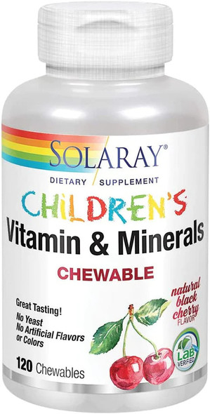 SOLARAY Childrens Vitamins & Minerals | Complete Multivitamin for Kids | Great Black Cherry Flavor (120 Chews, 60 Serv)