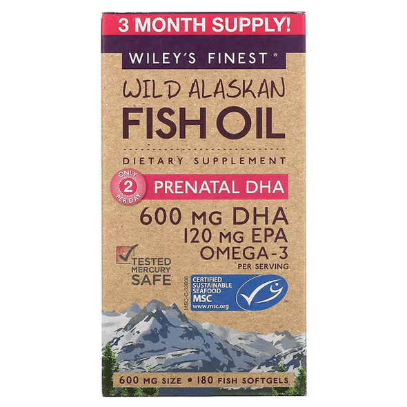 Wiley's Finest, Wild Alaskan Fish Oil, Prenatal DHA, 600 mg, 180 Fish Softgels Wiley's Finest, Wild Alaskan Fish Oil, Prenatal DHA, 600 mg, 180 Fish Softgels