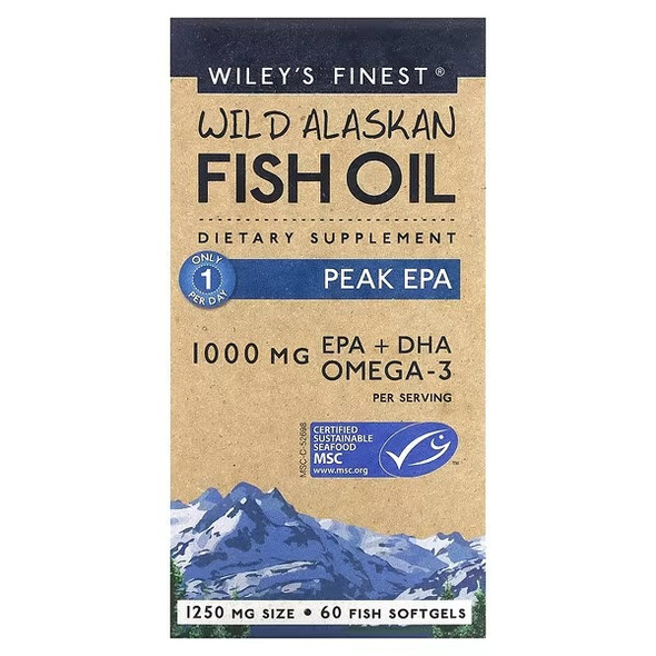 Wiley's Finest, Wild Alaskan Fish Oil, Peak EPA, 1,000 mg, 60 Fish Softgels Wiley's Finest, Wild Alaskan Fish Oil, Peak EPA, 1,000 mg, 60 Fish Softgels