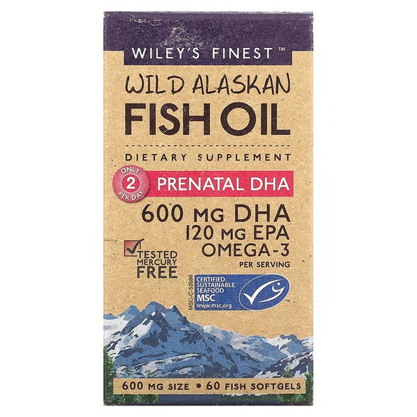 Wiley's Finest, Wild Alaskan Fish Oil, Prenatal DHA, 600 mg, 60 Fish Softgels Wiley's Finest, Wild Alaskan Fish Oil, Prenatal DHA, 600 mg, 60 Fish Softgels