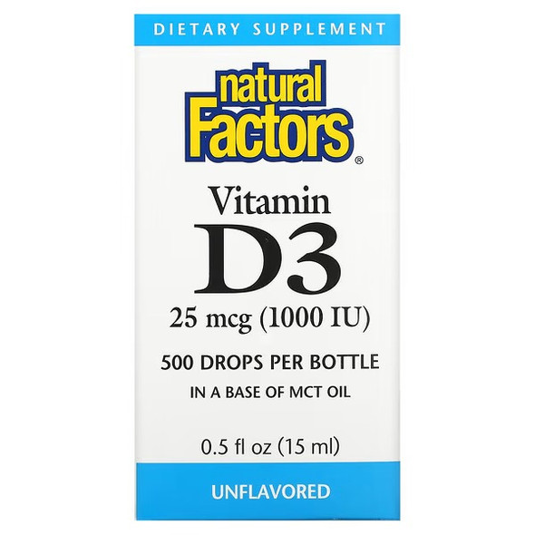 Natural Factors, Vitamin D3 Drops, Unflavored, 25 mcg (1,000 IU), 0.5 fl oz (15 ml)