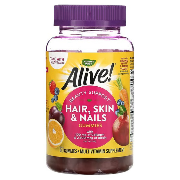 Nature's Way, Alive! Hair, Skin & Nails with Collagen & Biotin, Strawberry, 60 Gummies Nature's Way, Alive! Hair, Skin & Nails with Collagen & Biotin, Strawberry, 60 Gummies