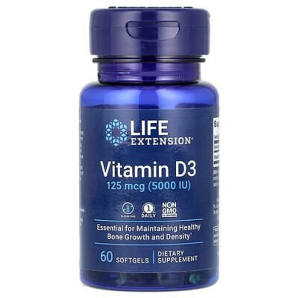 Life Extension, Vitamin D3, 125 mcg (5,000 IU), 60 Softgels Life Extension, Vitamin D3, 125 mcg (5,000 IU), 60 Softgels