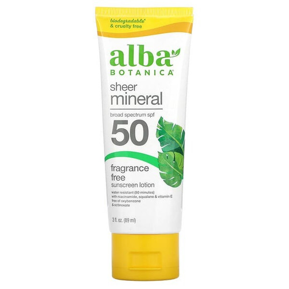 Alba Botanica, Sheer Mineral Sunscreen Lotion, SPF 50, Fragrance Free, 3 fl oz (89 ml)