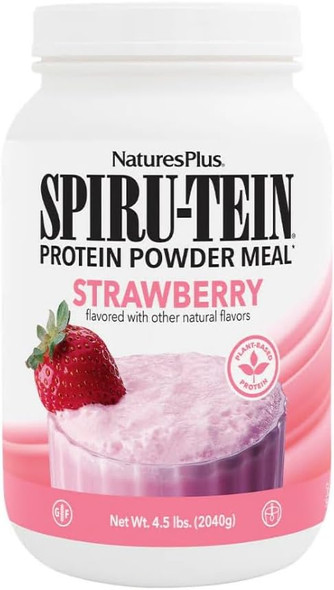 Natures Plus SPIRU-TEIN, Strawberry - 4.5 lbs - Plant-Based Protein Shake - Non-GMO, Vegetarian, Gluten Free - 60 Servings