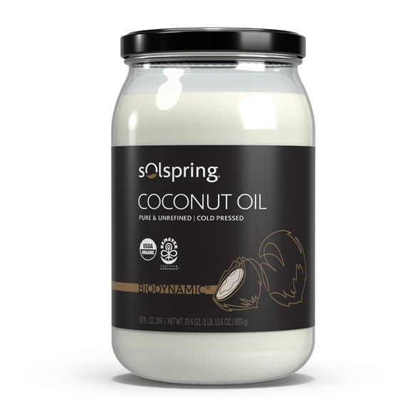 Solspring Biodynamic Organic Coconut Oil, 32 Fl Oz (1 Jar), Raw & Extra Virgin, Cold Pressed, Certified USDA Organic, Regenerative, Non-GMO, Dr. Mercola