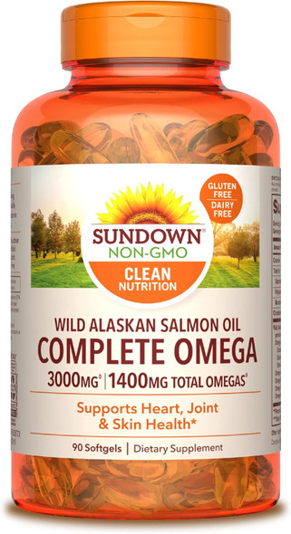 Sundown Complete Omega Wild Alaskan Salmon Oil, Fish Oil Supplement, 1400 mg Total Omegas, 90 Softgels