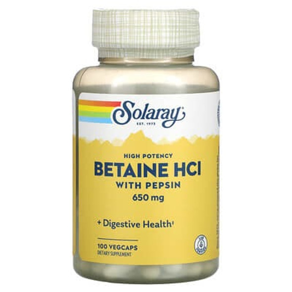 solaray hcl with pepsin, High Potency Betaine, 650 mg, 100 VegCaps