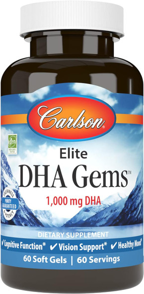 Carlson - Elite DHA Gems, 1000 mg DHA, Wild Caught, Sustainably Sourced, Brain Function & Healthy Vision, 60 Softgels