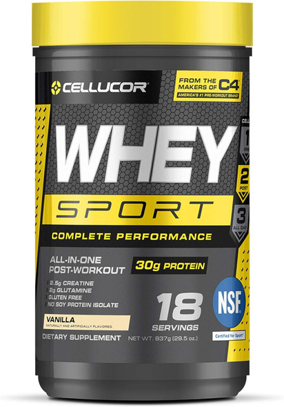 Cellucor Whey Sport Protein Powder, Post Workout Recovery Drink With Whey Protein Isolate, Creatine & Glutamine, Vanilla, 18 Servings