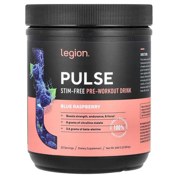 Legion Athletics, Pulse, Stim-Free Pre-Workout Drink, Blue Raspberry, 0.98 lbs (444 g)
