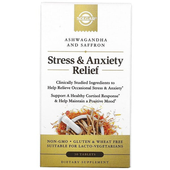 Solgar Stress and Anxiety Relief, Ashwagandha and Saffron, 30 Tablets