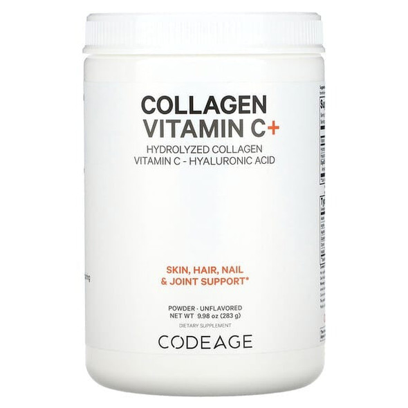 Codeage Collagen, Vitamin C + Powder, Hydrolyzed Collagen, Vitamin C, Hyaluronic Acid, Unflavored, 9.98 oz (283 g)