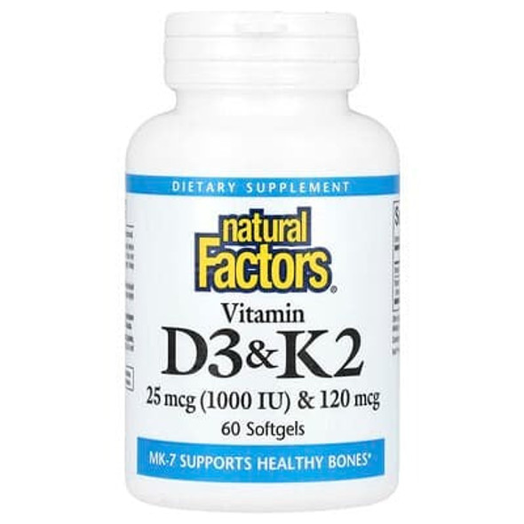 Natural Factors, Vitamin D3 & K2, 25 mcg (1,000 IU) & 120 mcg, 60 Softgels Natural Factors, Vitamin D3 & K2, 25 mcg (1,000 IU) & 120 mcg, 60 Softgels