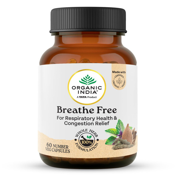 Organic India Breathe Free - 60 Veg Capsules, Naturally Relieve Shortness of Breath, Wet & Dry Cough, Congestion & Improves Lung Capacity, GMP & NPOP Certified Organic