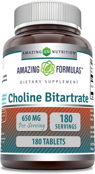 Amazing Formulas Choline Bitartrate Supplement | 650 Mg | 180 Tablets | Non-GMO | Gluten-Free | Made in USA