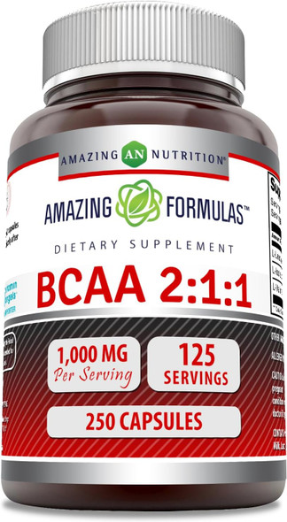 Amazing Formulas BCAA 2:1:1 1000 Mg Per Serving | Capsules | Branched Chain Amino Acids Supplement | Non-GMO | Gluten-Free | Made in USA (1 Pack, 250 Count)